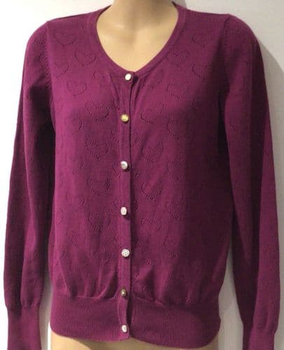 YUMI MAGENTA POINTELLE HEART CARDIGAN SIZE 12