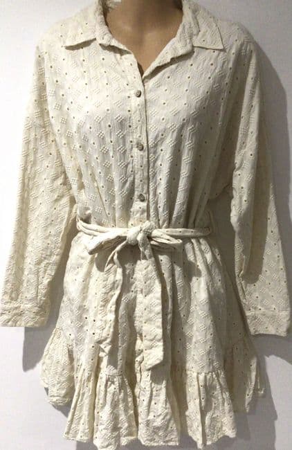 ZARA CREAM BRODERIE BELTED SHIRT DRESS SIZE XL 16/18