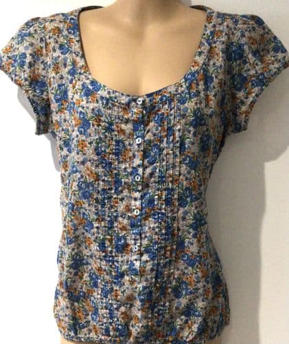 ZARA GREY/BLUE FLORAL BLOUSE TOP SIZE L 12-14
