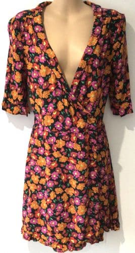 ZARA ORANGE/PINK FLORAL WRAP DRESS SIZE M 12