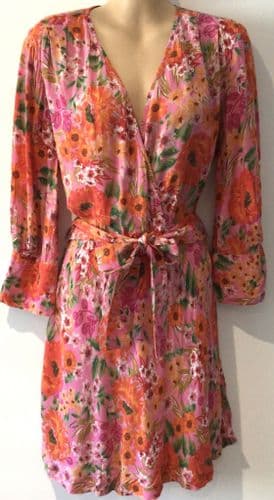 ZARA PINK FLORAL WRAP MIDI DRESS SIZE M 12