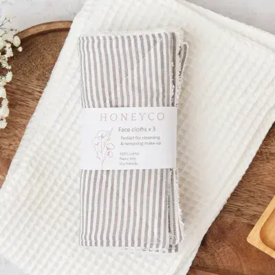 Grey Stripe Face Cloths 100% Cotton - Honeyco