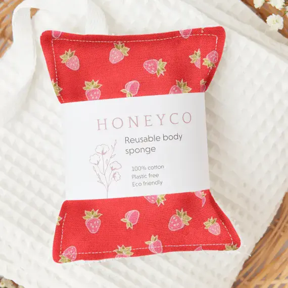 Strawberry Print Body Sponge - 100% Cotton - Honeyco