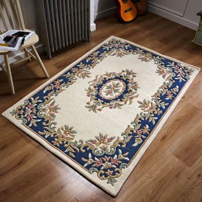 CREAM/BLUE 100% WOOL RUG NEW SUPER THICK PILE  LOVLEY RUGS