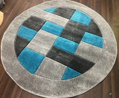 MODERN 140X140CM CIRCLE RUG 4ft6X4ft6 WOVEN HAND CARVED NEW DESIGN SILVER/TEAL X