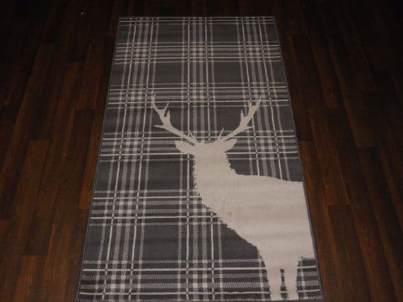 Modern Approx 5x2ft6 80x150cm Woven Top Quality Stag check Grey/Cream Rugs/Mats