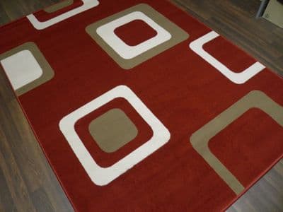 Modern Approx 8x5 160x230cm Woven Backed Squares Quality Rugs Red/Beiges/cream
