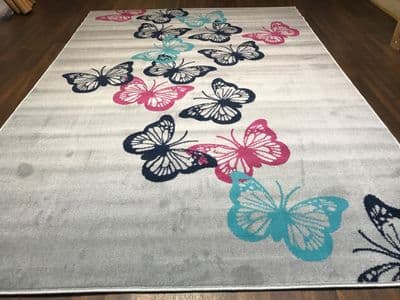 Modern Approx 8x5ft 160x230cm Woven Backed Butterfly Designs Grey/Pink Bargain