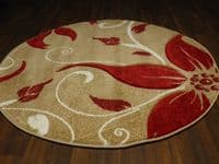MODERN NEW 120X120CM CIRCLE RUGS WOVEN BACK HAND CARVED BEIGE/RED LILY LOVLEY