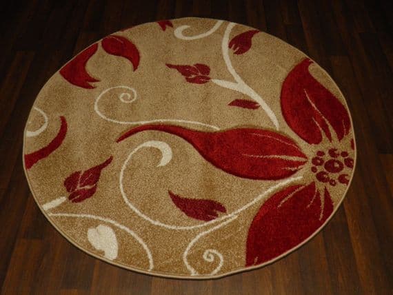 MODERN NEW 120X120CM CIRCLE RUGS WOVEN BACK HAND CARVED BEIGE/RED LILY LOVLEY