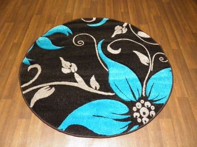 MODERN NEW 120X120CM CIRCLE RUGS WOVEN BACK HAND CARVED BLACK/TEAL LILY LOVLEY