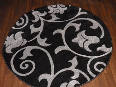 MODERN NEW 140X140CM CIRCLE RUG WOVEN BACK HAND CARVED BLACK/SILVER DEMASK RANGE