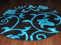MODERN NEW 140X140CM CIRCLE RUG WOVEN BACK HAND CARVED BLACK/TEAL DEMASK RANGE