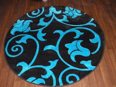 MODERN NEW 140X140CM CIRCLE RUG WOVEN BACK HAND CARVED BLACK/TEAL DEMASK RANGE