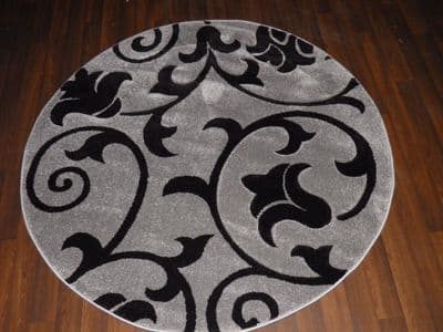 MODERN NICE 140X140CM CIRCLE RUG WOVEN BACK HAND CARVED SIVER/BLACK DEMASK RANGE