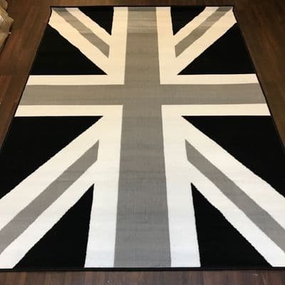 Modern Rug Approx 6x4ft 120x170cm Woven Back Union Jack Black-Grey-Cream New