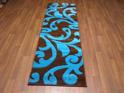 Modern Runners 60x220cm Aprox 8ft Hand Carved Super Quality Vine Brown/Teal New