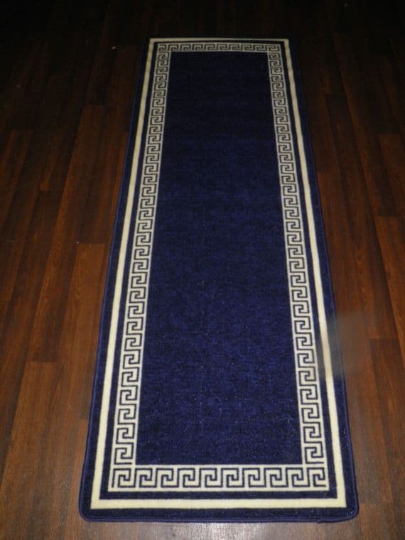 NEW NON SLIP TOP QUALITY RUNNERS 66X185CM APROX 6FTX2FT3 KEY DESIGN BLUE/CREAM
