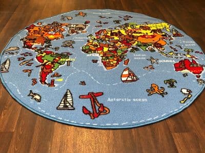 NEW WORLD MAP CHILDREN'S LEARNING CIRCLE 133X133CM MAT RUG SCHOOL MULTICOLOUR