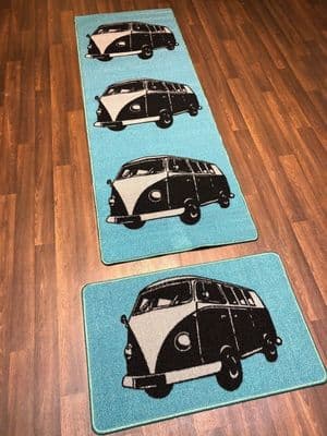 NO SLIP RUNNER 66X185CM APROX 6FTX2FT3 +DOORMAT 50X80 SET OF 2 BLUE/BLACK/GREY