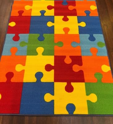 NON SLIP BARGAIN PRICE MATS/RUGS KIDS MULTICOLOURED JIGSAW. 100CM X 150CM