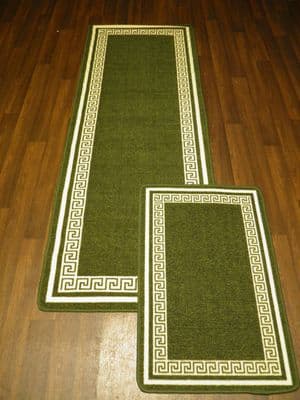 NON SLIP RUNNER 66X185CM APROX 6FTX2FT3 +DOORMAT 50X80 SET OF 2 GREEN/CREAM