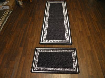 NON SLIP RUNNERS 66X185CM APROX 6FTX2FT3 +DOORMAT 50X80 SET OF 2 BLACK/WHITE