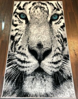 NOVELTY RANGE 80X150CM NEW TIGER RUGS TOP QUALITY SILVER/OFF WHITE BLUE EYES.