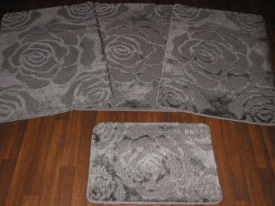 Oblong Non Slip Washable Two Tone Traveller/Gypsy Mat Set 4Pc  Grey/Silver All Colours Available (1) (3) (4)