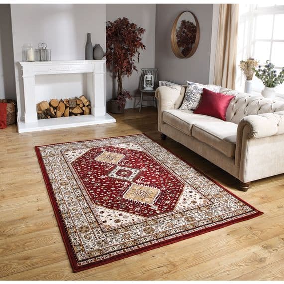 RED/CREAM 100% NEW ZEALAND WOOL MACHINE WOVEN RUG