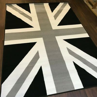 Rugs Approx 6x4ft 120x170cm Woven Backed Union Jack Black-Grey-Silver rug Mat