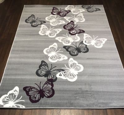 Rugs Approx 8x5ft 160x230cm Woven Backed Butterfly Designs Grey/Purple Bargains