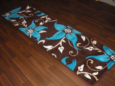 Runner 60x220cm Aprox 8ft Hand Carved Super Quality Lily Brown/Teal Stunning