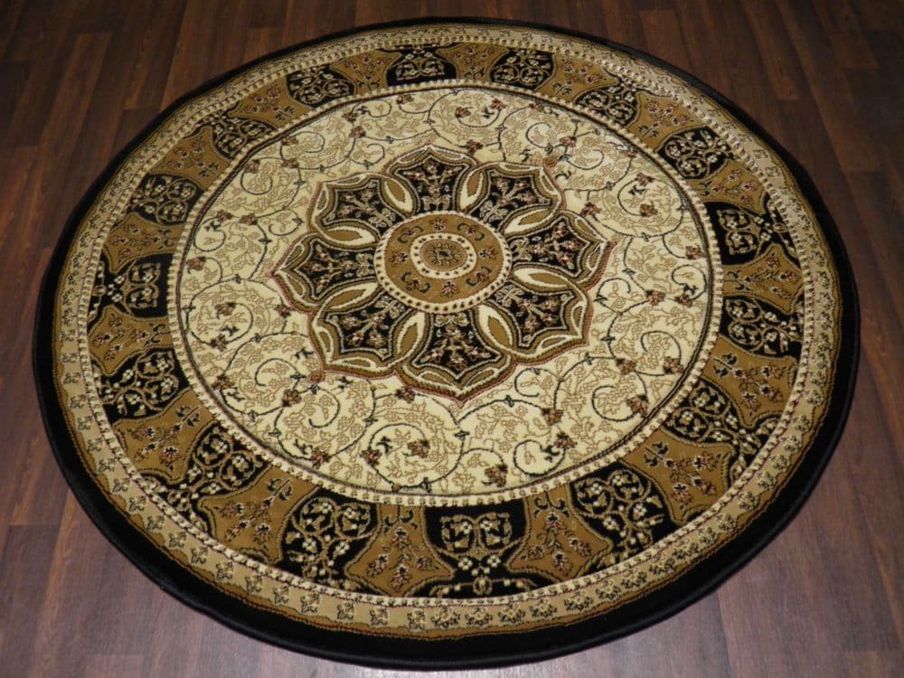 Woven Backed Circle Ivory/Black Traditional Carved Rug 150cm x 150cm ...