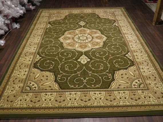 Woven Backed Green Traditional Carved Rug 200cm x 290cm Approx 9x6 Top Quality