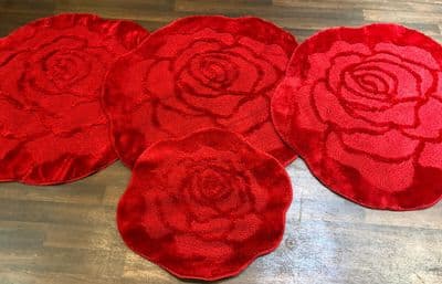 X ROMANY WASHABLES MATS SUPER THICK ROSES RED SETS OF 4 3 X100X100CM + DOORMAT