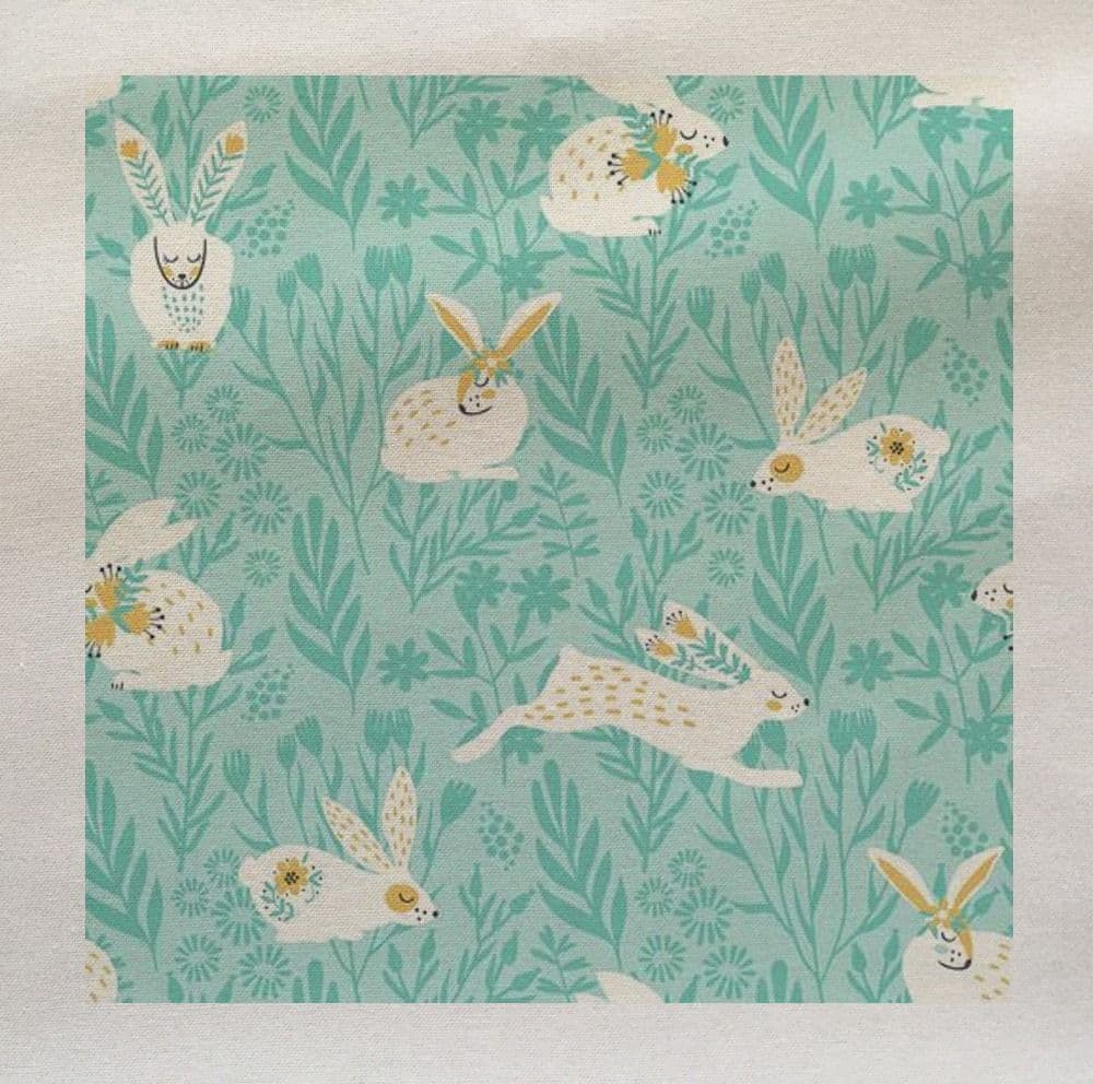 Blue Bunny Rabbit Flowers Leaves Pattern Printed Fabric Panel