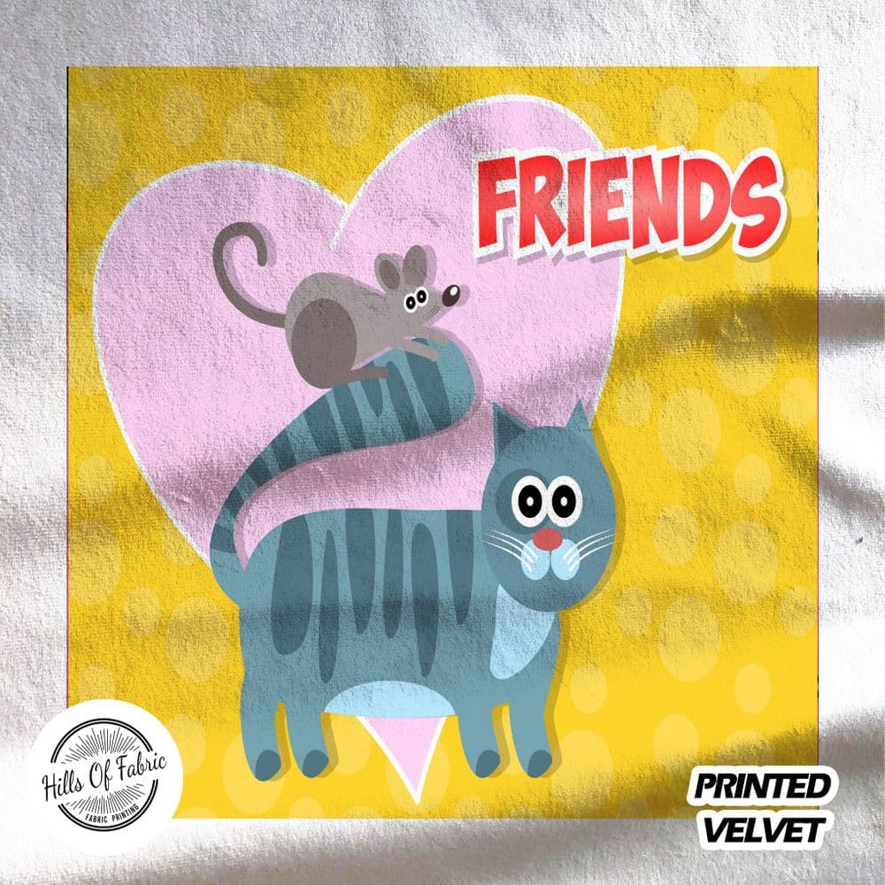 cat friends mouse printed fabric pannel