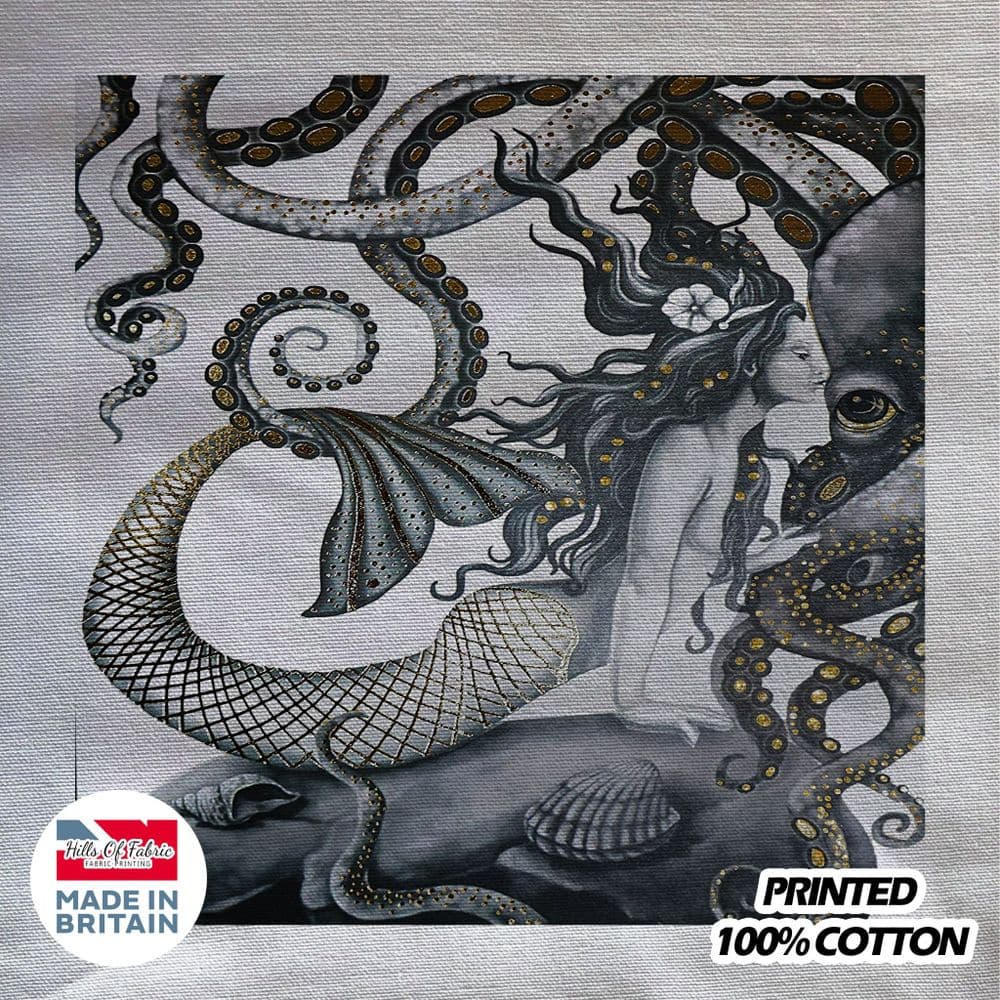 Mermaid Kissing Octopus Under the sea Ocean Mythical Printed Fabric Panel