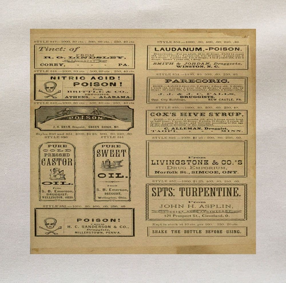 Vintage Apothecary Poison Label Printed Fabric Panel