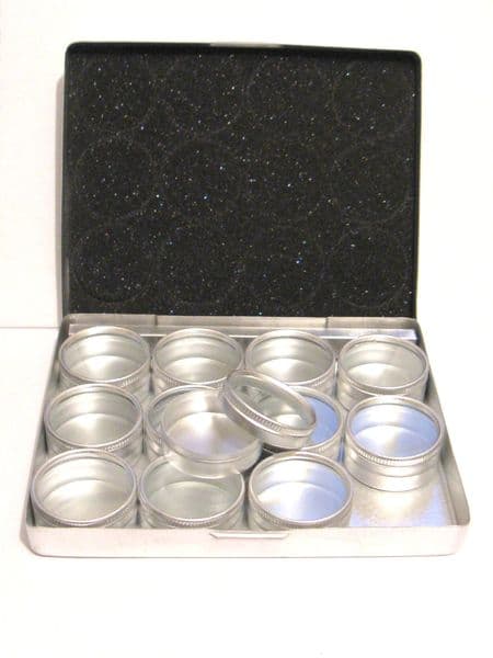 Watchmakers jewellers parts storage boxes 12pc mini round boxes in aluminium box