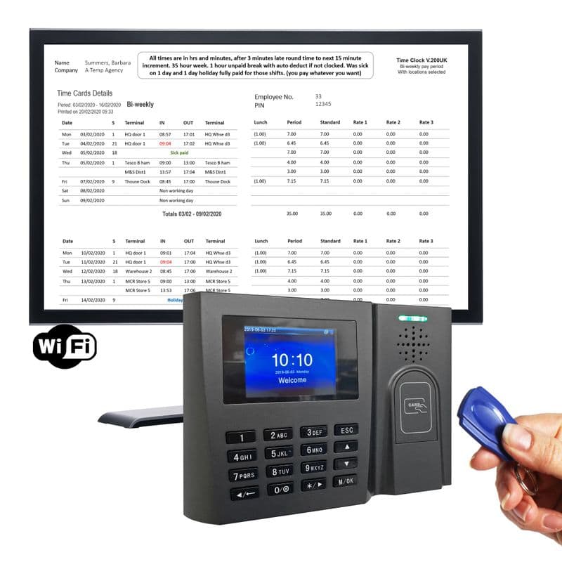 Time Recorder - WIFI - RFID Proximity Fobs or badges - Clocking in Machine