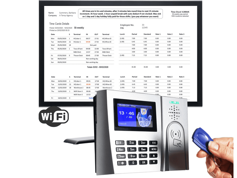 Time Recorder - WIFI - RFID Proximity Fobs or badges - Clocking in Machine