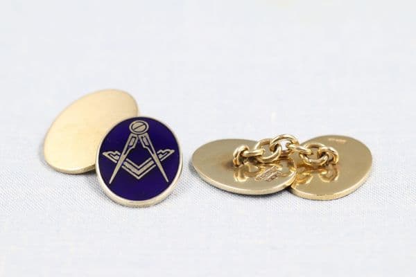 9ct Yellow Gold chain link Oval blue enamel Masonic Cufflinks