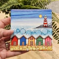Beach Huts and Lighthouse Ceramic Coaster