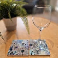Blue Purple Dandelion 3 Ceramic Coaster - Blown away