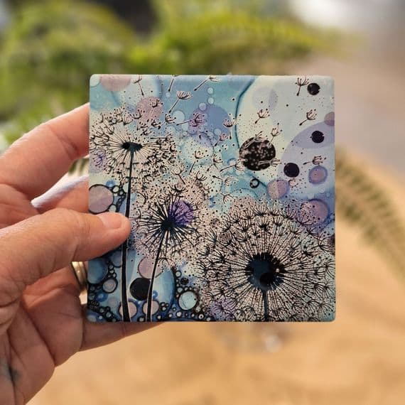 Blue Purple Dandelion 3 Ceramic Coaster - Blown away