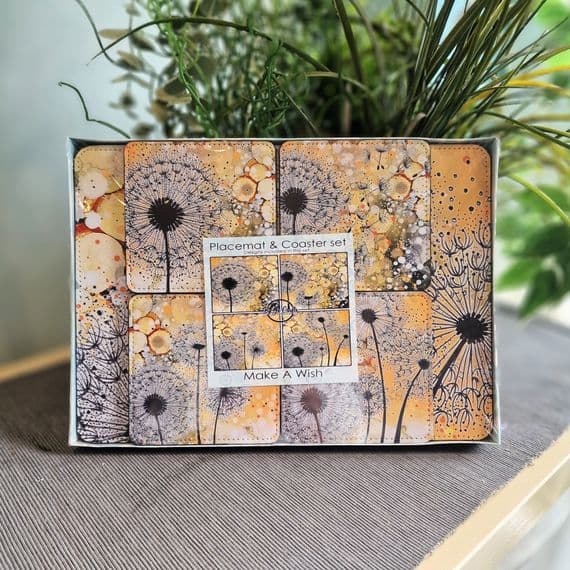 Ochre & Black Dandelion Placemat and Coaster Set (MAW)