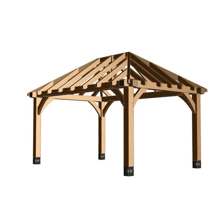 See our Douglas Fir Framed Hipped Roof Gazebos + Cedar Roof Shingles.