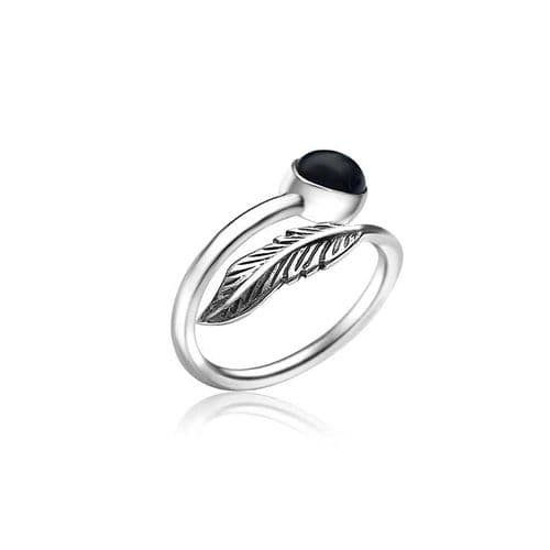 Sterling Silver Onyx & Feather Ring